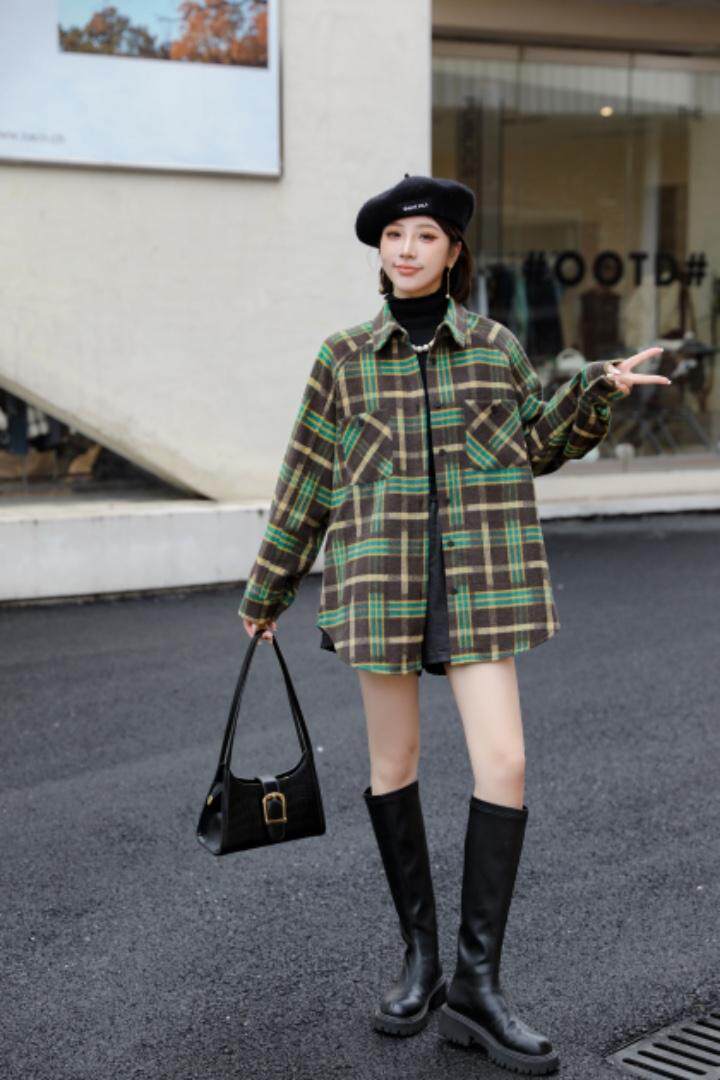 冬格子磨毛衬衫外套，女装衬衫，美合佳彦(6F)