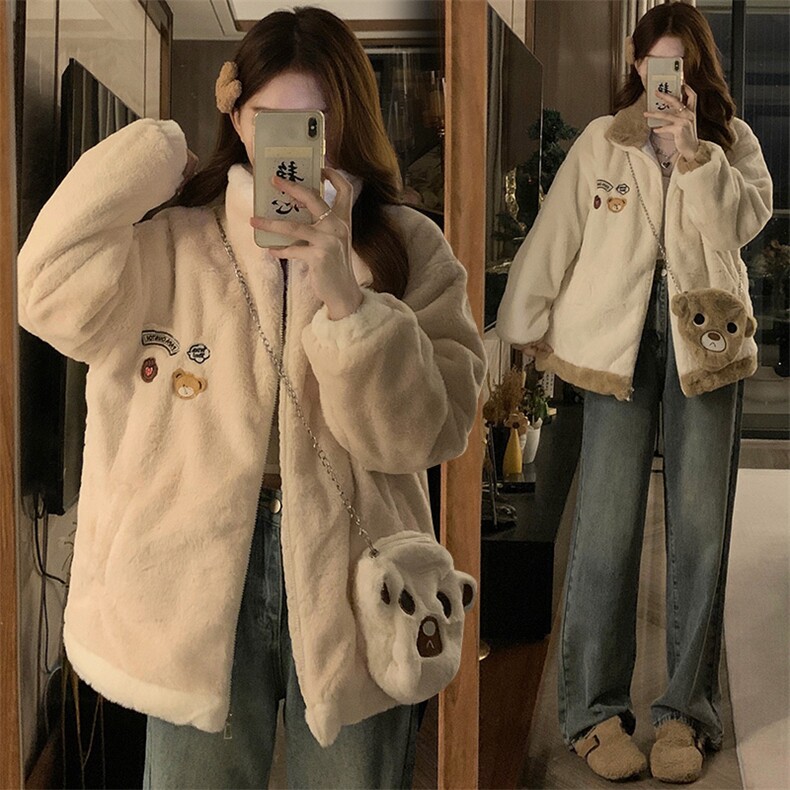 A206-P105毛绒厚外套秋冬盐系立领毛茸茸外学生可爱+包包，女装短外套，星座911