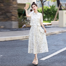 新款2024年夏季时尚新中式提花盘扣半身裙两件套，女装套装/套裙，蓝诺裳