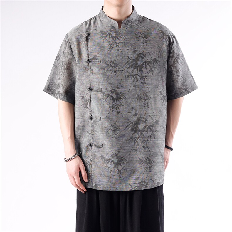 夏季新款日系风亚麻印花复古立领衬衫男CS35-P65,男装衬衫,电商A021
