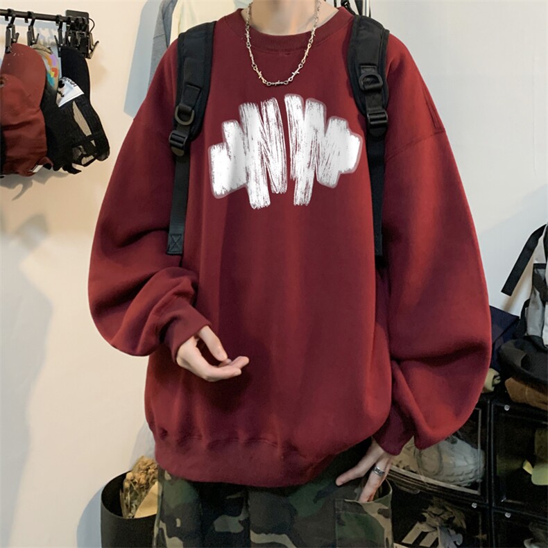 涂鸦印花圆领卫衣男春秋美式复古青少年情侣潮牌宽松无帽长袖t恤,男装卫衣,电商B371