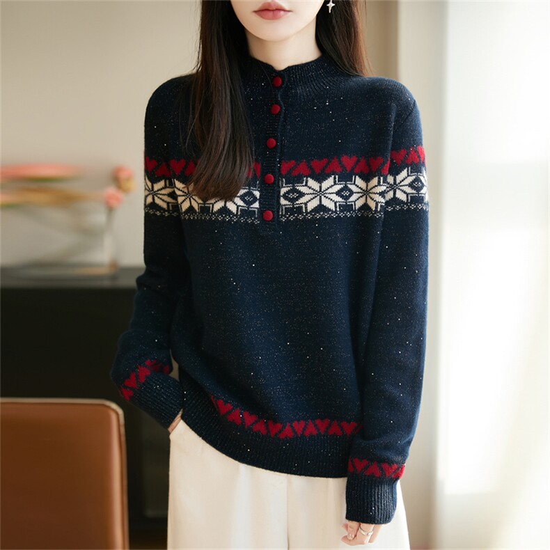 2026年秋季时尚百搭通勤简约休闲半高领亮片针织衫，女装针织衫/毛衣，郡淞羊绒