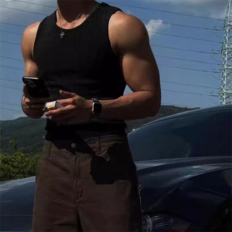 美式背心男修身夏季螺纹竖条纹紧身弹力拼接健身圆领坎肩无袖背心,男装背心/马甲,星座506A