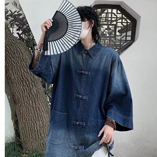 风水洗做旧牛仔衬衫外套男生夏季宽松复古盘扣短袖衬衣，男装衬衫，星座716-3