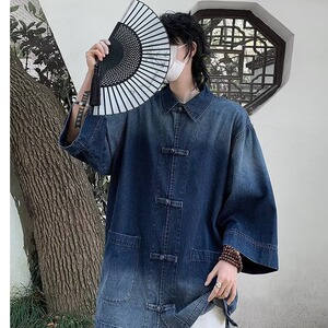 风水洗做旧牛仔衬衫外套男生夏季宽松复古盘扣短袖衬衣图片