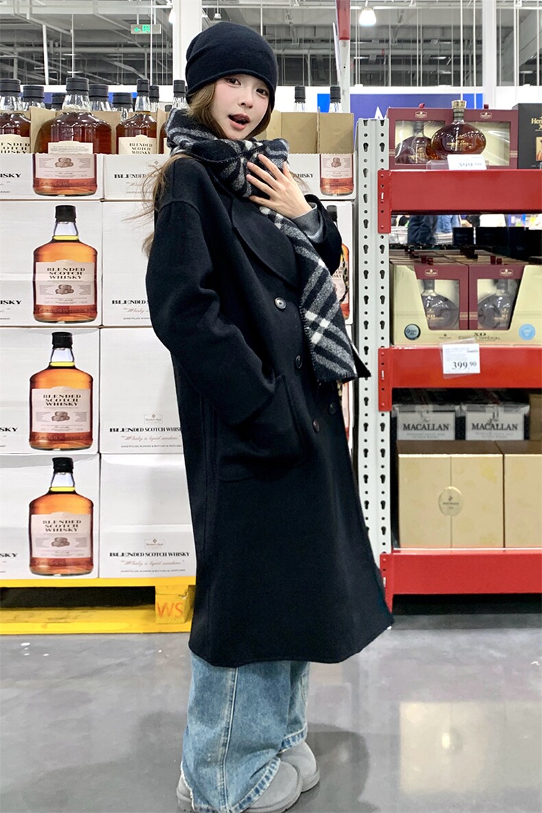 现货赫本风黑色气质双面羊毛大衣2C212-G20-P225-K328,女装毛呢外套,2C212