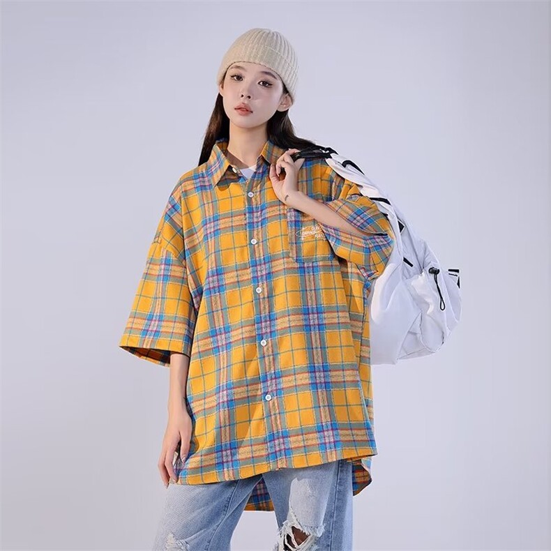 文艺潮流百搭简约衬衫新款时尚方领单排多扣流行宽松型女短袖慵懒,男装衬衫,星座716-4