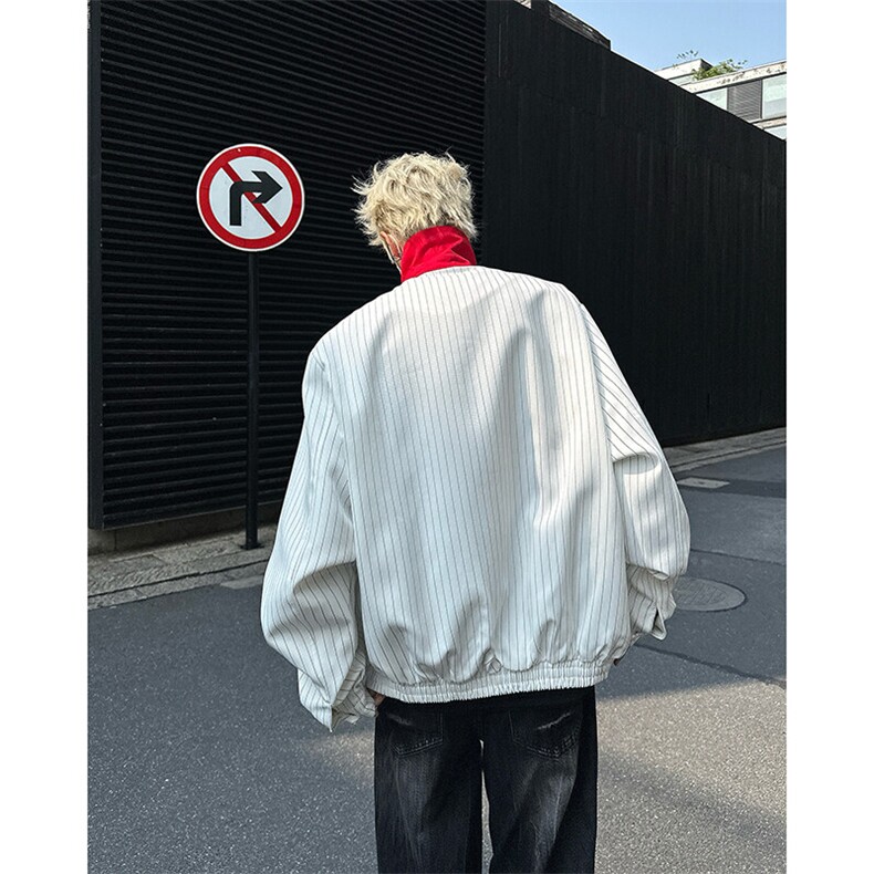 新款撞色条纹字母刺绣夹克潮流宽松时尚设计外套上衣,男装夹克,星座410-7