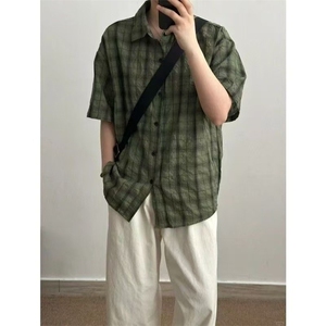 军绿色复古格子短袖衬衫男夏季凉感速干休闲衬衣冰丝防晒情侣外套图片