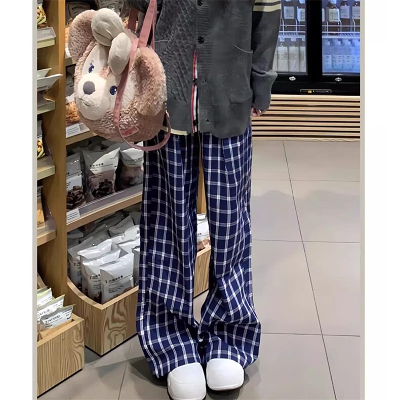 美式高街潮牌男女泡泡格子休闲裤直筒宽松慵懒显瘦阔腿休闲长裤子，男装休闲裤，电商A443