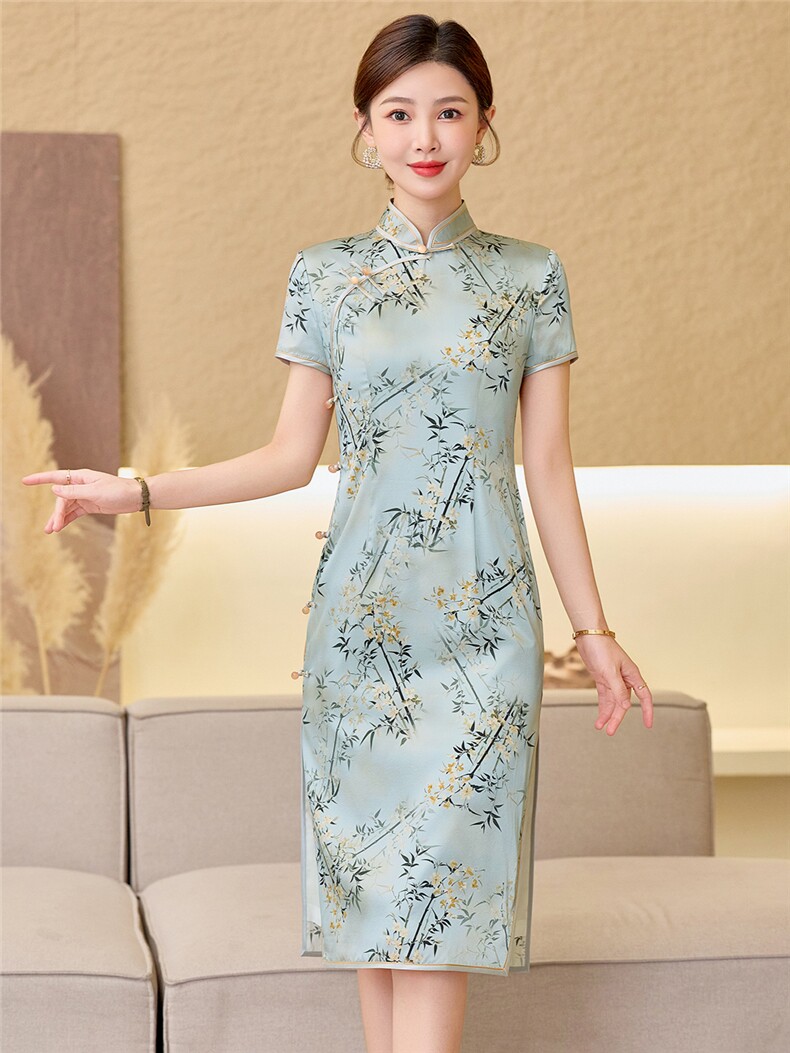 杭州品质真丝中长裙考试专用节节高女春夏日常修身潮流真丝旗袍,女装汉服/婚纱/旗袍/礼服,小荷流