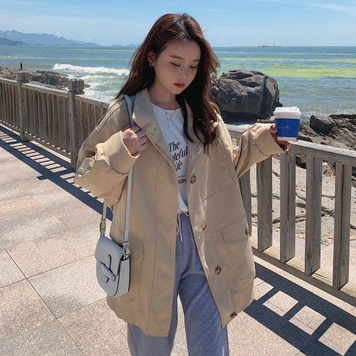 设计感卡其色工装外套女春秋小个子2025新款韩版宽松休闲短款风衣,女装风衣,菡迪欧娜