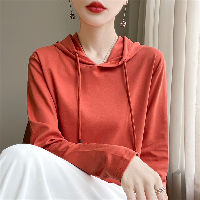 25春秋款纯棉长袖T恤帽衫女纯色抽绳连帽卫衣宽松精梳棉上衣,女装T恤,羊秋羊绒