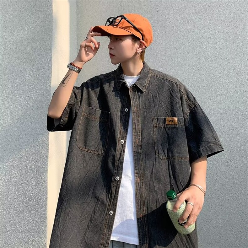 宽松短袖牛仔衬衣男女夏季薄款叠穿上衣衬衫外套~CC715-p48,男装衬衫,星座601-2
