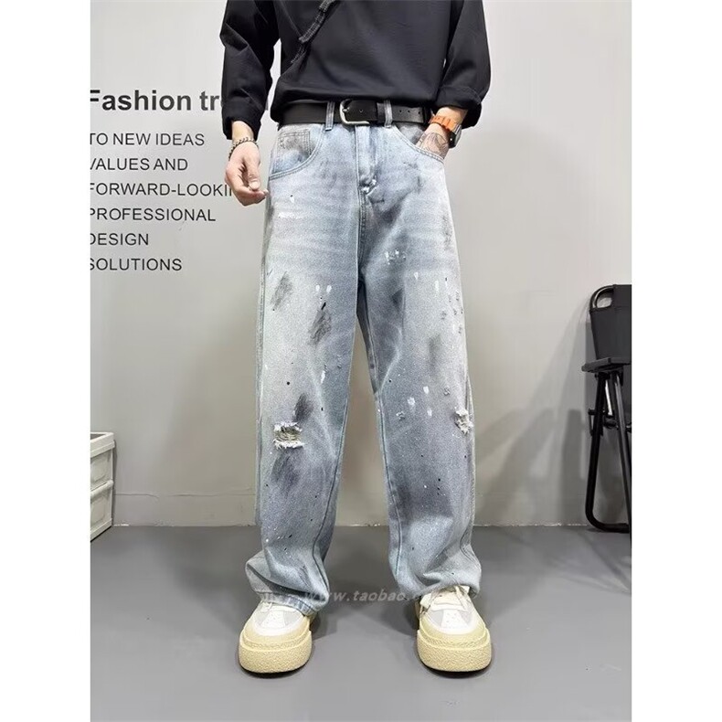 美式高街油漆点阔腿牛仔裤夏季男潮流宽松直筒破洞长裤AA101-P52，男装牛仔裤，星座208-5