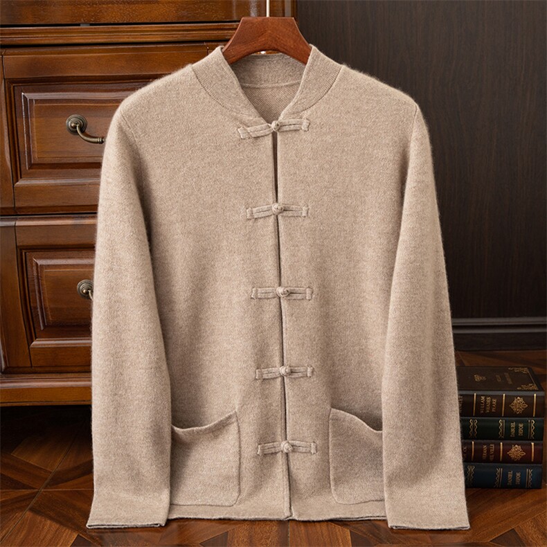 2024年秋季35%山羊绒休闲长袖盘扣羊绒开衫男装，男装羊绒开衫，狄美羊绒