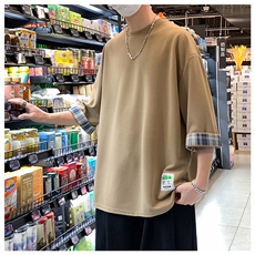 美式复古七分袖t恤男oversize打底衫胖子加肥加大码咖色拼接短袖，男装T恤，星座909-2（原星座717-2）