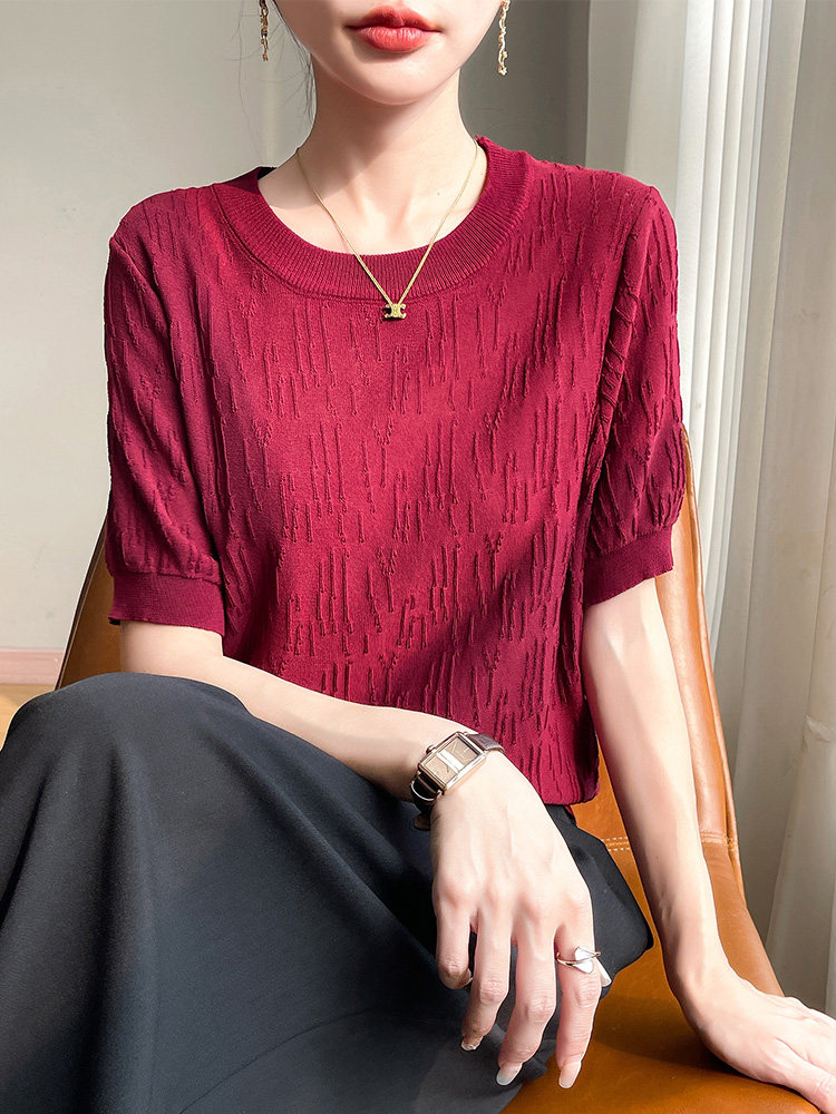 简约休闲夏季冰丝短袖t恤女薄款圆领宽松显瘦针织衫打底凉感上衣,女装T恤,萱芳婷羊绒
