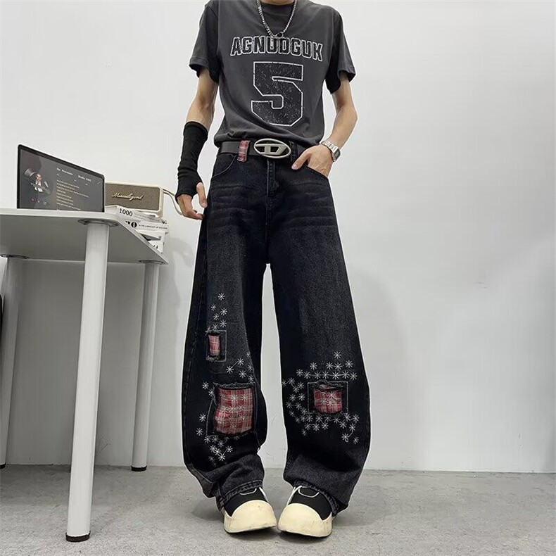 V154-P60美式复古磨破补丁刺绣牛仔裤男女同款百搭宽松阔腿裤,男装牛仔裤,星座911-1