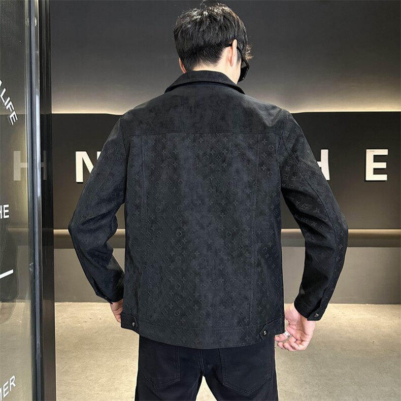 秋季新款翻领暗花纹皮衣男士短款夹克修身皮夹克P66083-P160,男装夹克,电商A237