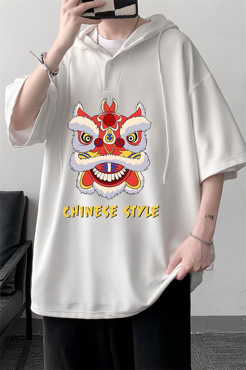 LD54185-P45连帽短袖t恤男大码胖子带帽五分袖中袖大皂风,男装T恤,电商A040