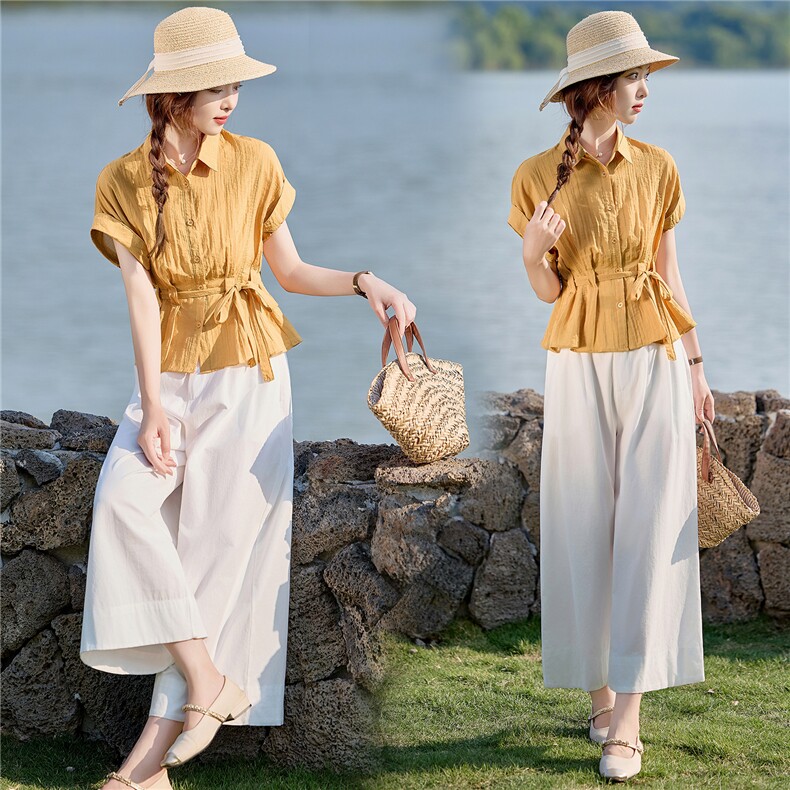 时尚套装女2025夏季新款超火棉麻遮肉显瘦穿搭一整套高腰阔腿裤潮，女装套装/套裙，依路服饰