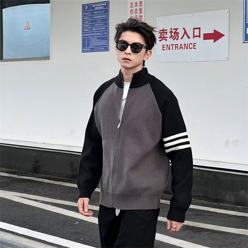 重磅秋冬北极绒开衫毛衣美式复古休闲慵懒风撞色立领针织衫外套，男装针织衫/毛衣，电商A486-1