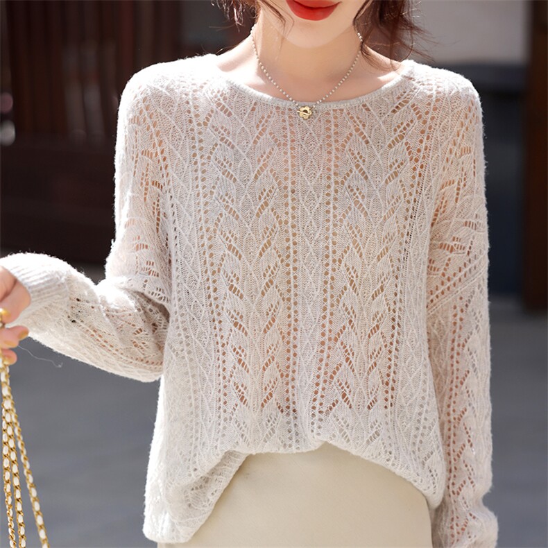 温暖而慵懒舒适百搭丝绒镂空圆领长袖，女装蕾丝衫/雪纺衫，暮绒羊羊绒