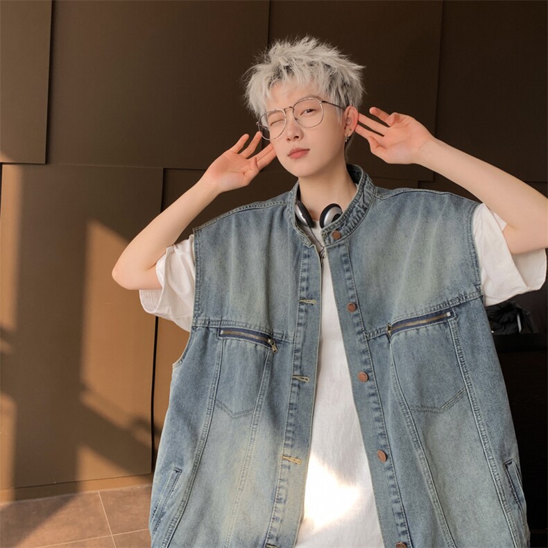 wassuphappy水洗牛仔马甲男夏季潮牌美式坎肩休闲外套宽松上衣服,男装背心/马甲,星座228-1