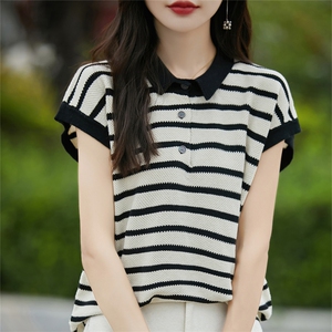 2025年夏季短袖直筒型条纹翻领气质百搭T恤,搭配衣服女学生夏季图片