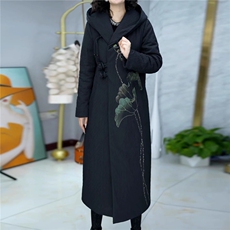 印花羽绒棉服女中长款修身刺绣盘扣高端气质棉衣棉袄外套冬，女装棉衣/棉服，韩蔻秀