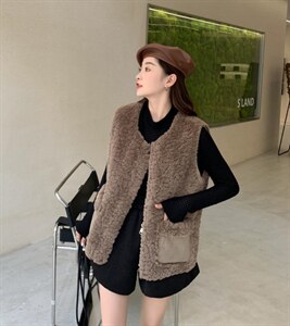 口袋拼麂皮马甲,女装马甲,吉之红