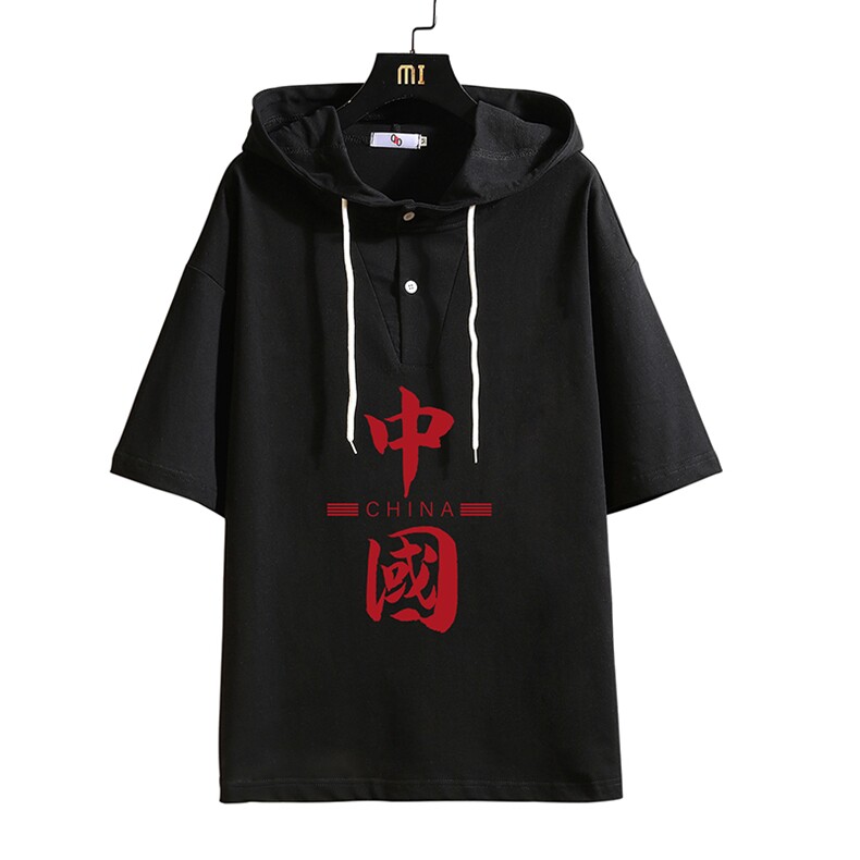 LD54198-P45连帽短袖t恤男大码胖子带帽五分袖中袖砖墙挂拍,男装T恤,电商A040A