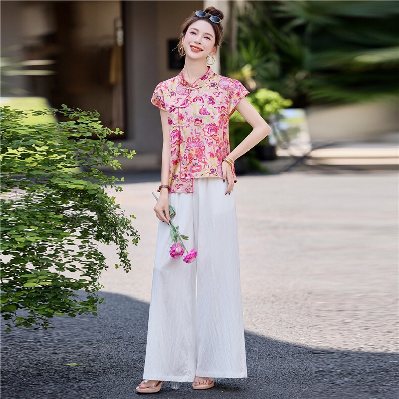新中式国风提花套装女2025夏季新款复古盘扣旗袍上衣阔腿裤两件套,女装套装/套裙,众宇琦