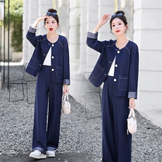 时尚简约大方气质优雅收腰显瘦休闲修身百搭两件套牛仔年秋季长裤，女装套装/套裙，梦依杭