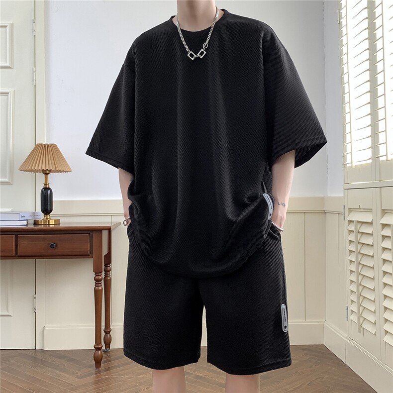 2026夏装休闲运动套装贴标休闲短裤潮男五分裤TZ707/P65黑色，男装休闲套装，电商A094