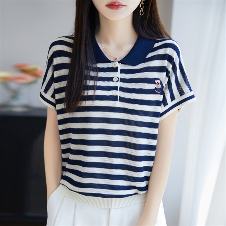 POLO领精纺羊毛针织短袖T恤女拼色条纹刺绣小熊上衣宽松半袖打底,针织衫/毛衣,大美人高端店