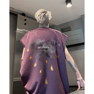 港风夏装新款麂皮绒无袖t恤大码宽松美式坎肩背心男潮H8804-P28图片