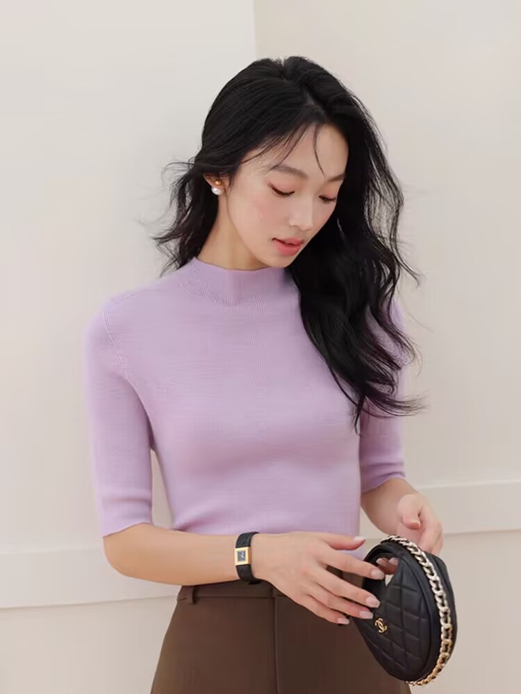 时尚显瘦百搭纯色简约半高领针织短袖,女装T恤,挚尚羊绒