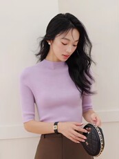 时尚显瘦百搭纯色简约半高领针织短袖，女装T恤，挚尚羊绒
