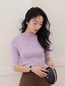 时尚显瘦百搭纯色简约半高领针织短袖图片