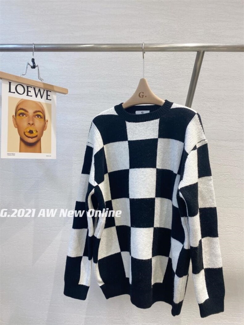 棋盘格针织毛衣均码现货，女装针织衫/毛衣，G
