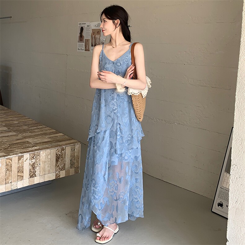 高级感多层拼接重工提花吊带连衣裙,女装连衣裙,纯色衣恋