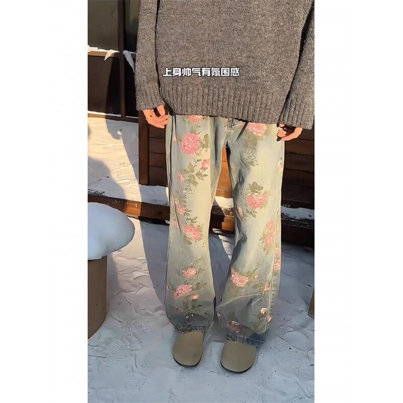 印花牛仔裤男款秋冬美式直筒微喇长裤潮牌青少年阔腿裤60600-P50,男装牛仔裤,星座1008