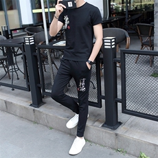 2021夏季男圆领短袖九分裤套装刺绣男韩版修身棉T恤A112-t702-P60，男装套装，星座1206（原A206）