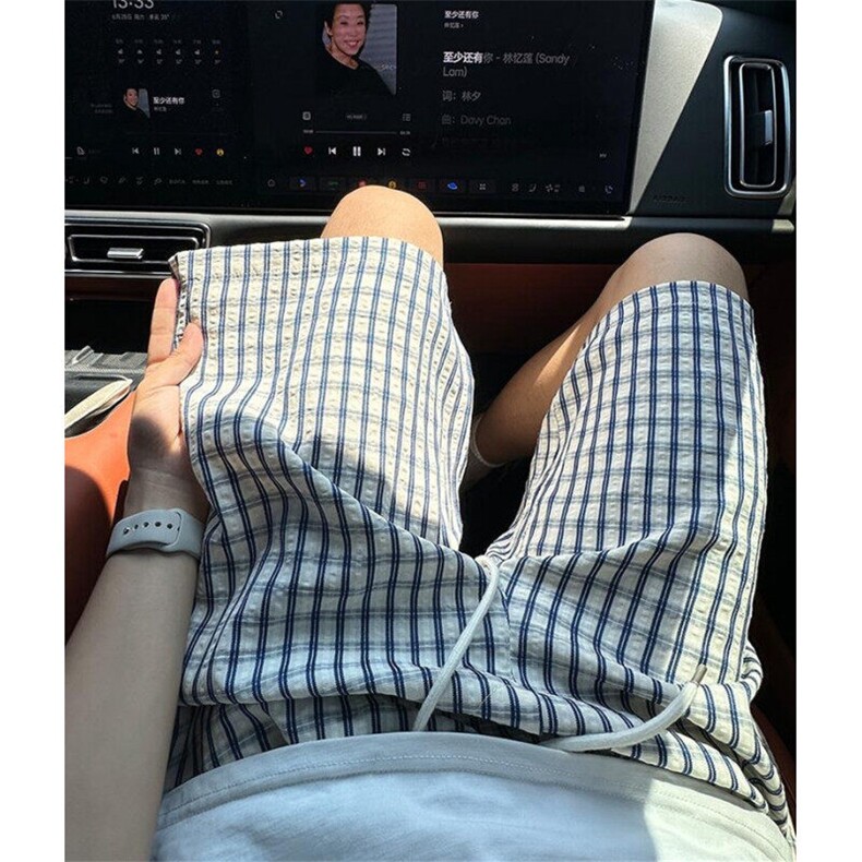 蓝色泡泡纱格子短裤男款夏外穿美式冰丝速干四分裤子休闲运动中裤,男装牛仔裤,星座1116A（原606A-3）