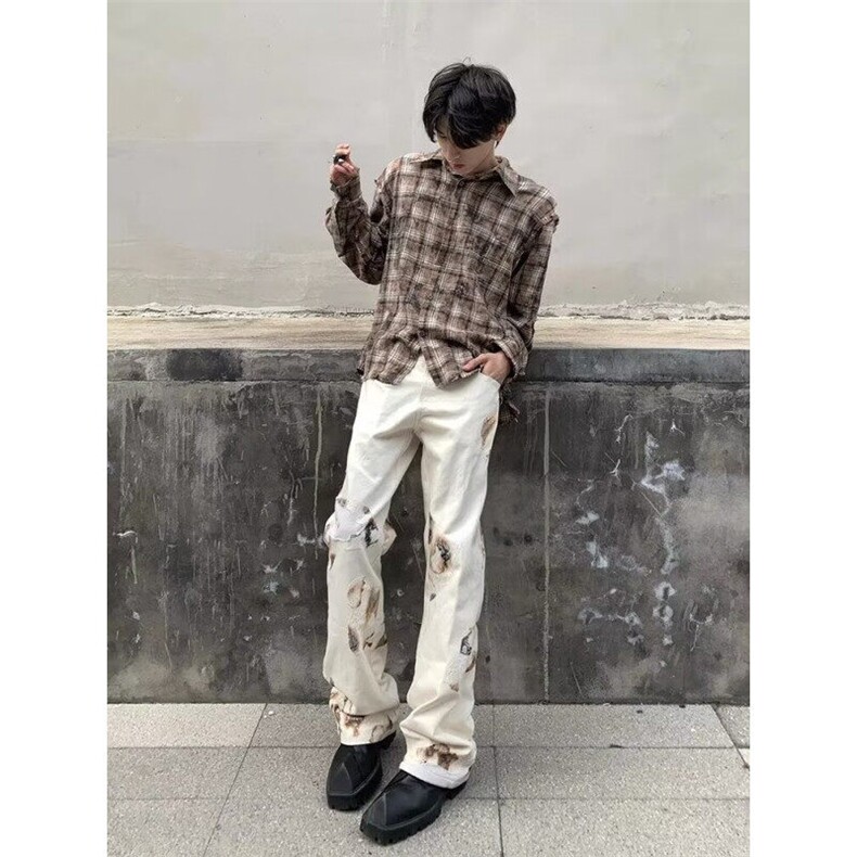 DB07-特P50新款美式火焰蕾丝宽松牛仔裤男女夏季拖地裤-网图现货图片