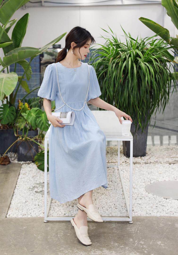 【现货】夏季新款纯色泡泡袖珍珠链条超仙连衣裙，女装连衣裙，东洋天堂之花