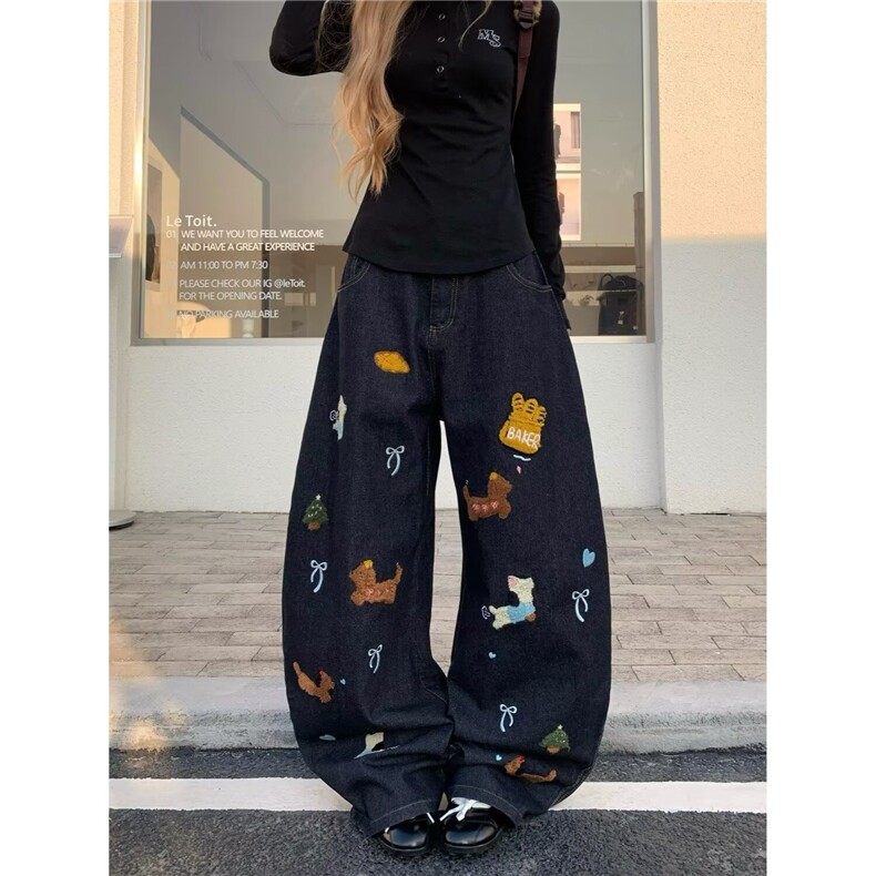 百搭新款慵懒无品牌潮流简约时尚复古卡通刺绣牛仔裤男女款高街,男装牛仔裤,星座506A