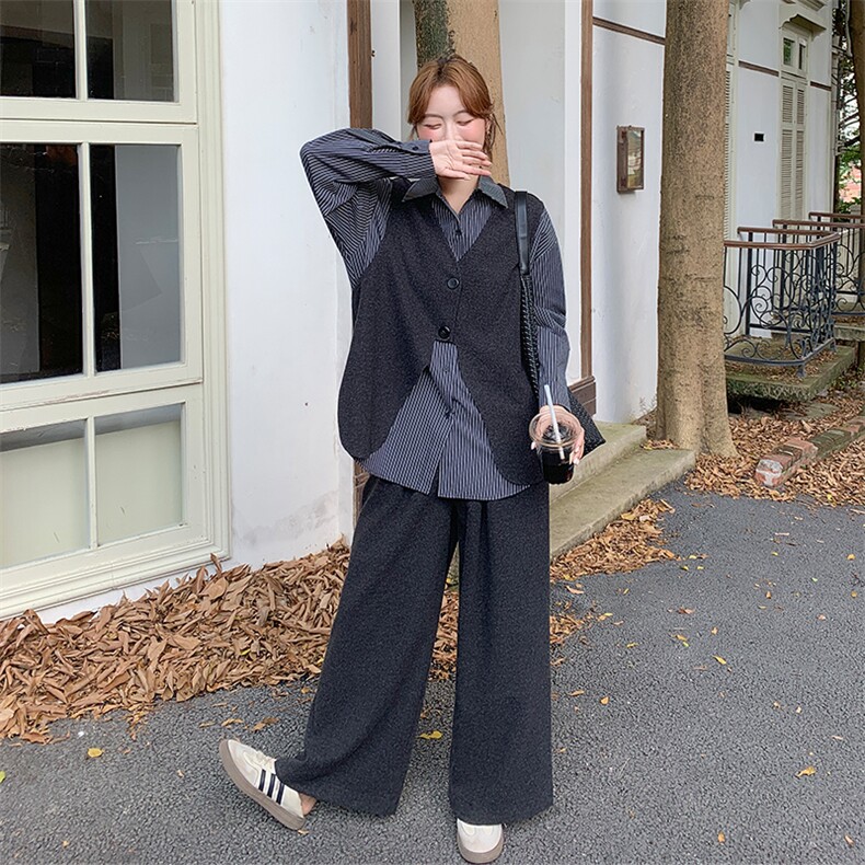 2025秋冬新款条纹衬衣+马甲阔腿裤三件套装2553款P195-K278，女装套装/套裙，浙宝301
